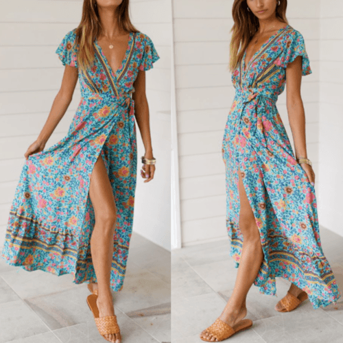 Womens Wrap Style V Neck Floral Maxi Dress - Big J's Showstoppin' Store